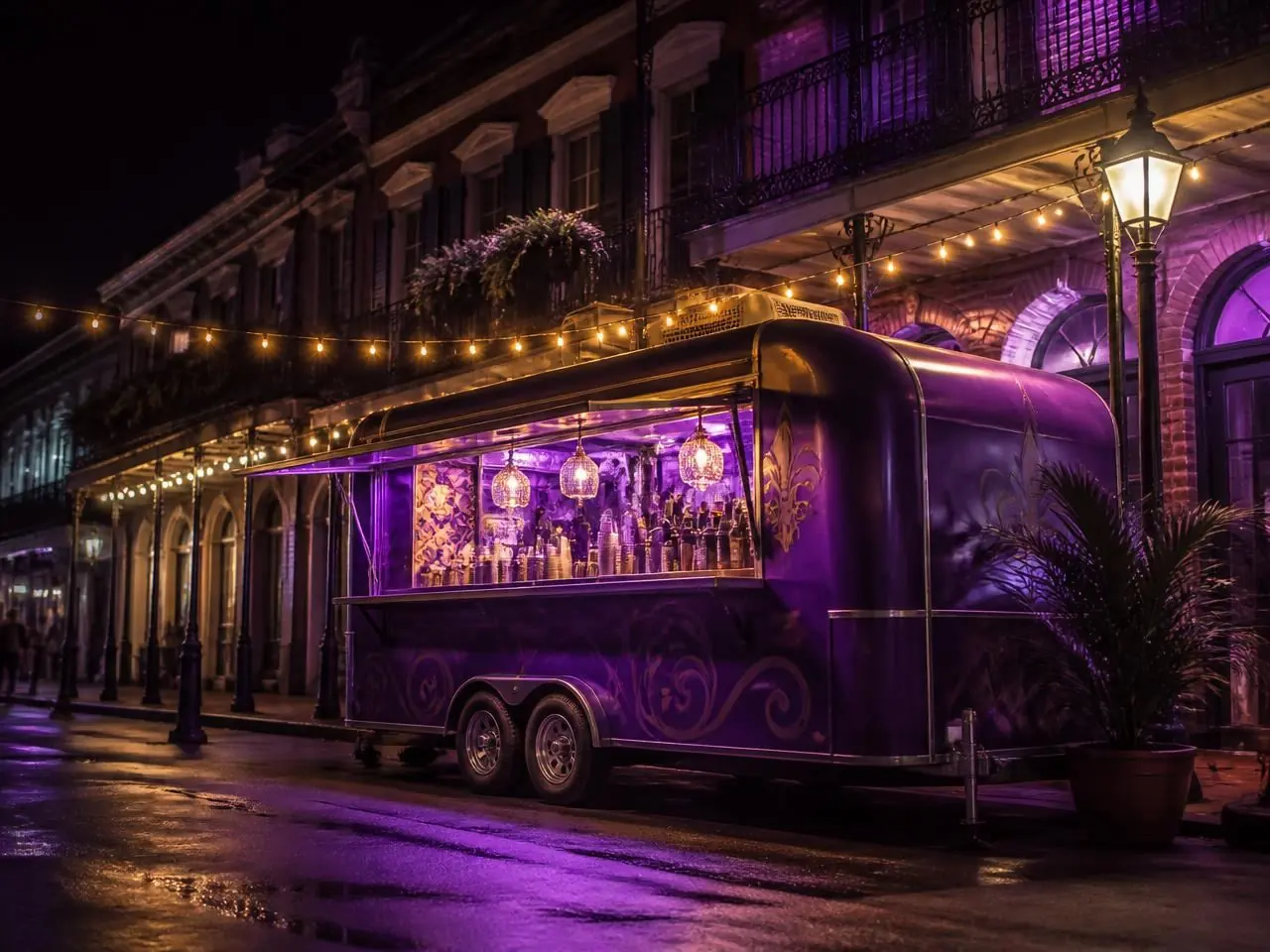 The purple daiquiri trailer parked under French Quarter balconies